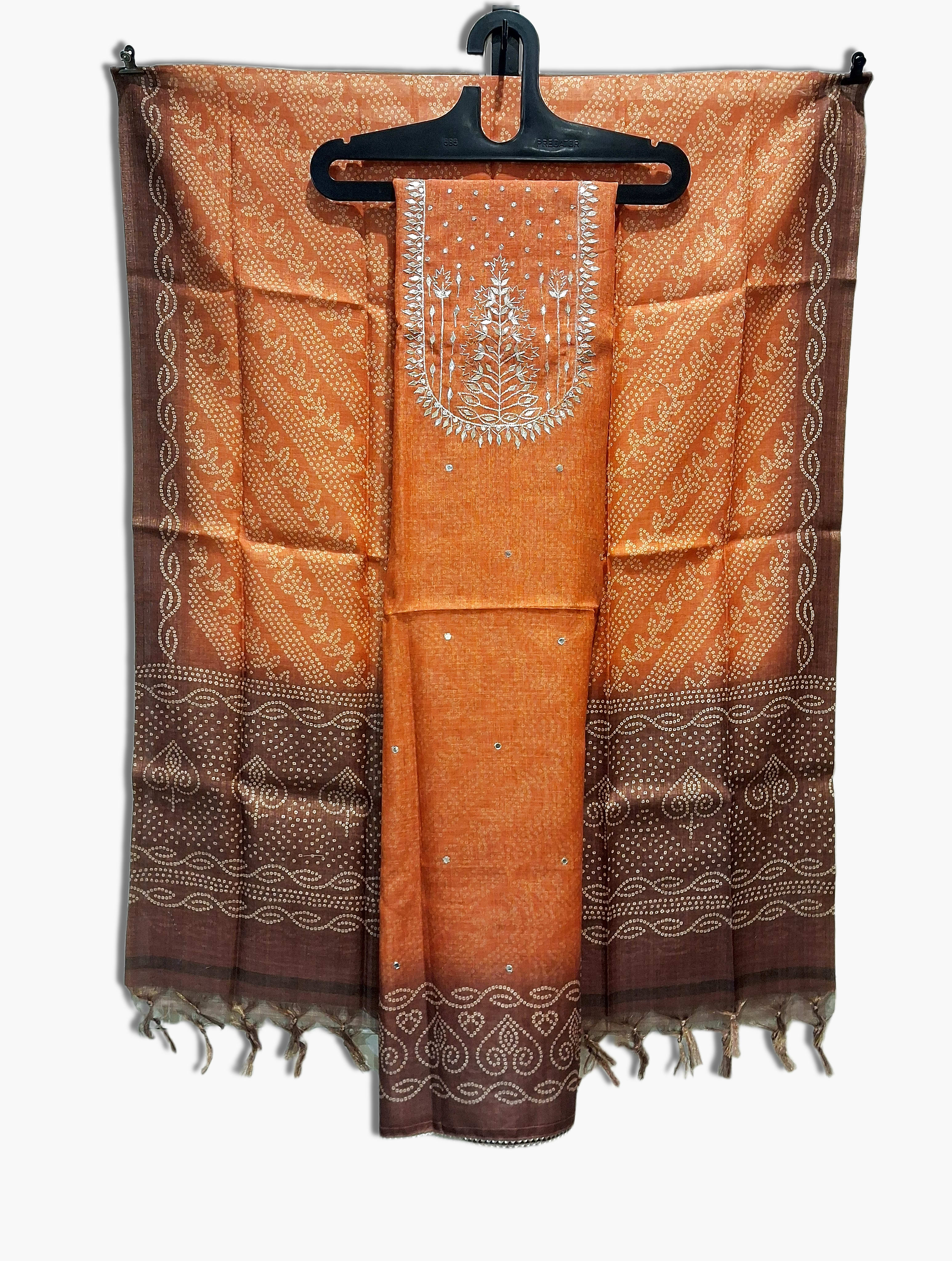 Lenin Silk Unstitched Orange-Brown, Silver Toned, Gota Patti Hand Embroidery