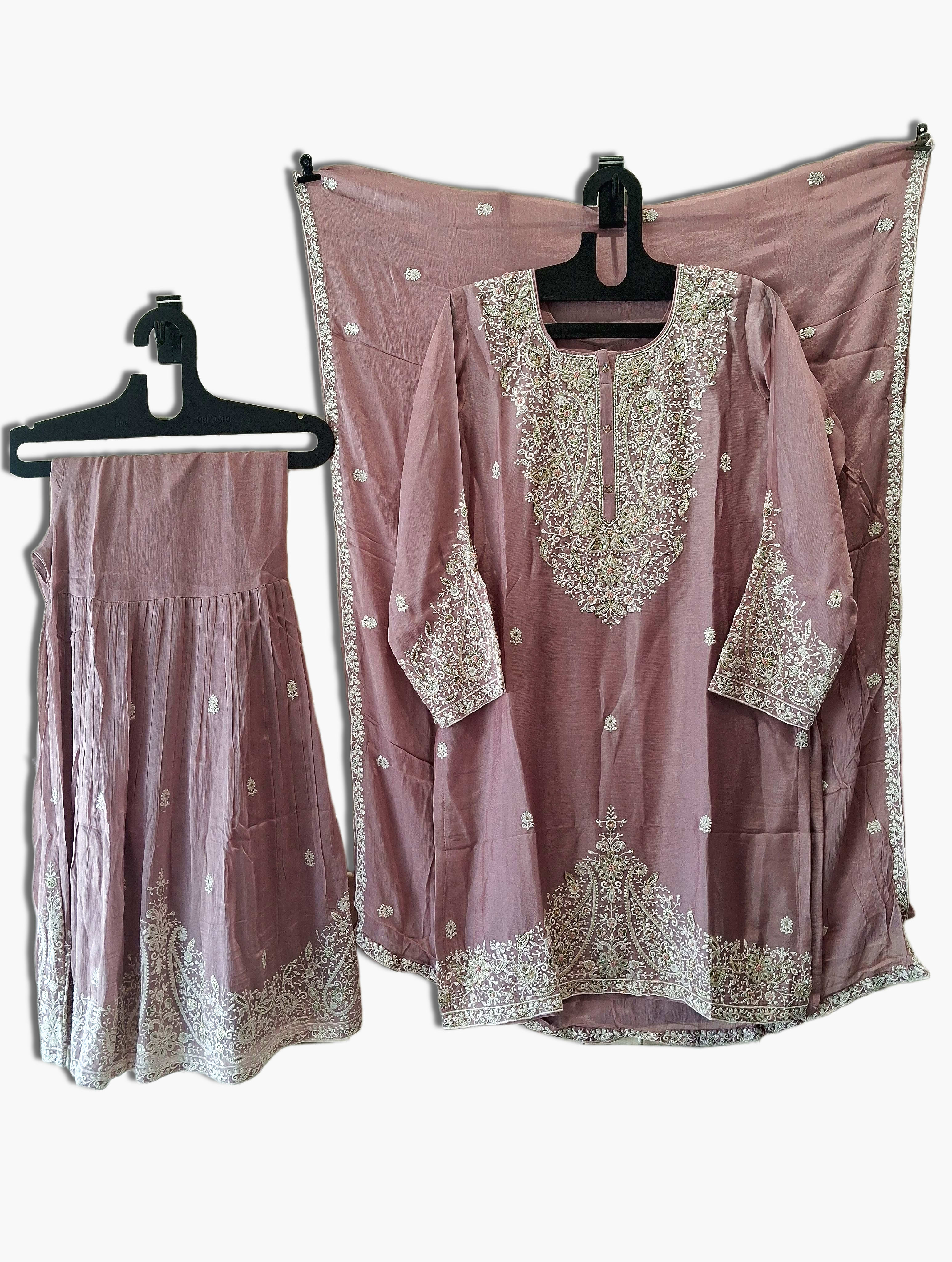 Mauve Chinon Garara Set With Elegant Zari, Bead, Thread, And Sequins Hand Work