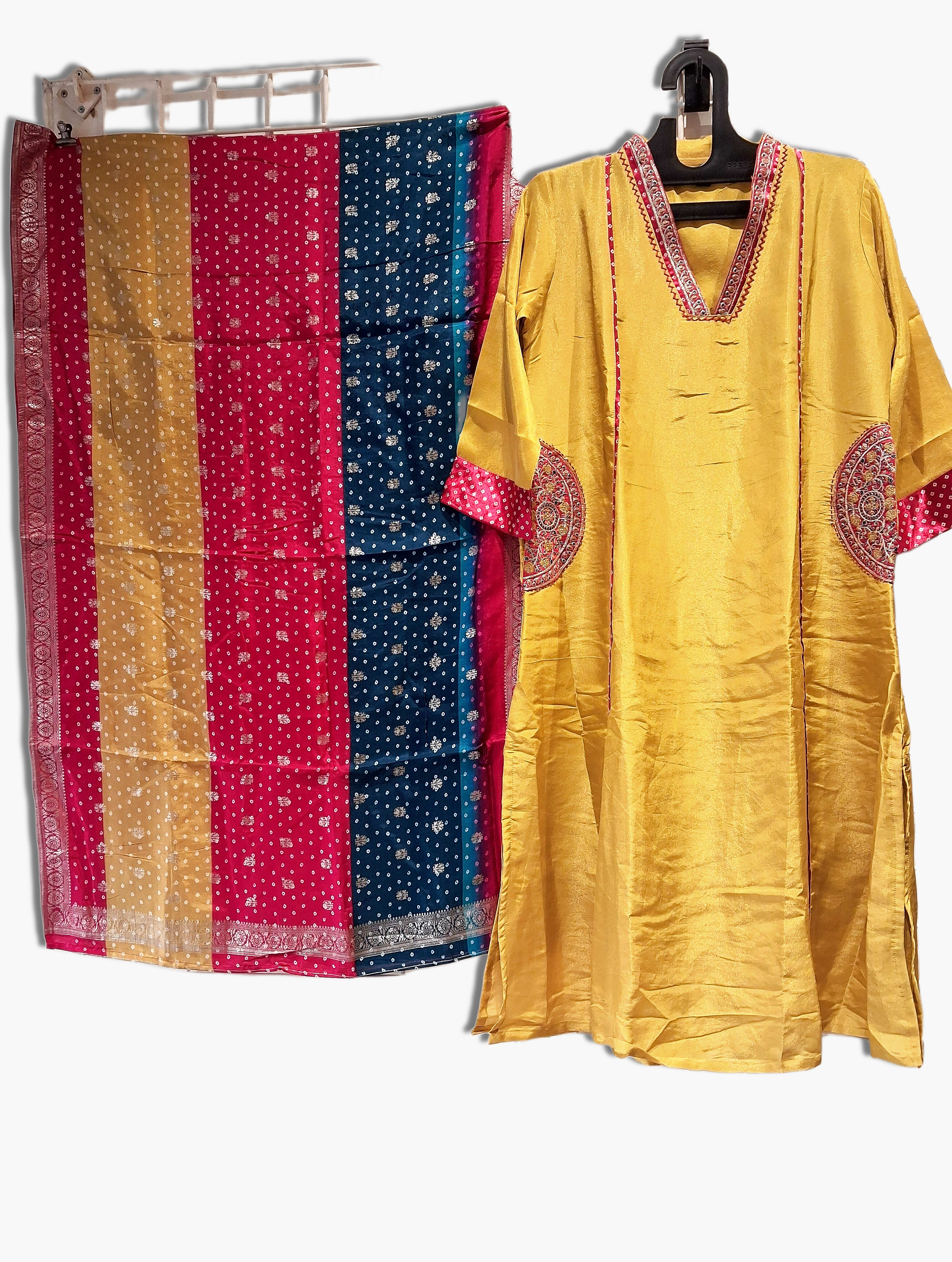 Art Silk Blend Suit With Embroidery On Neck And Pocket, Multi Color Dupatta, Size 3 XL