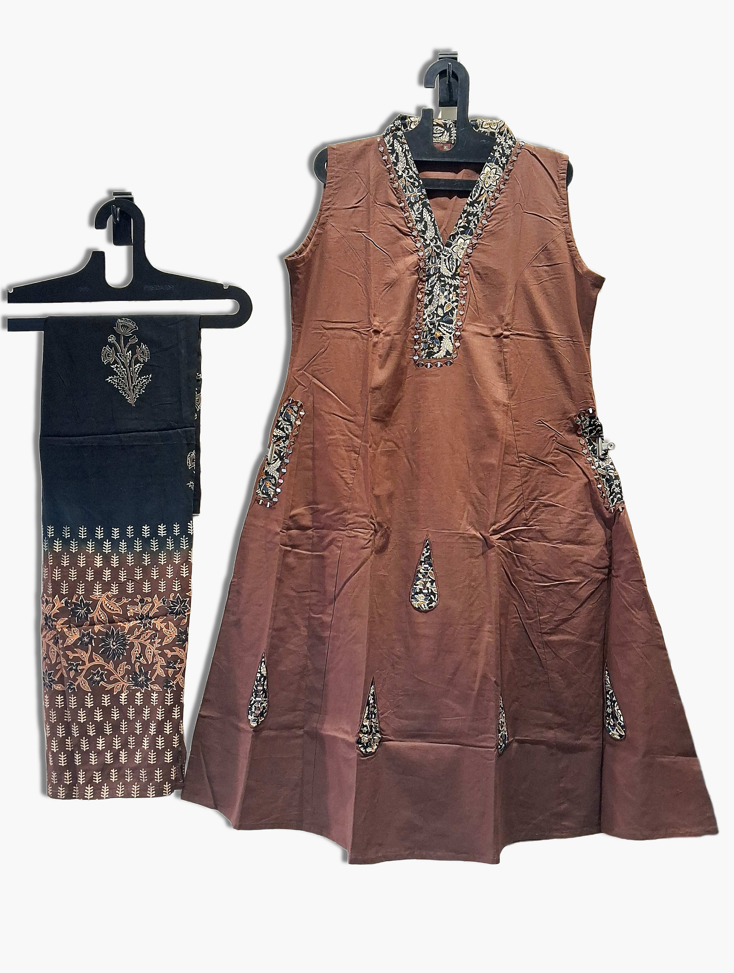 Brown Pure Cotton Suit With Kalamkari Dupatta, Size XL