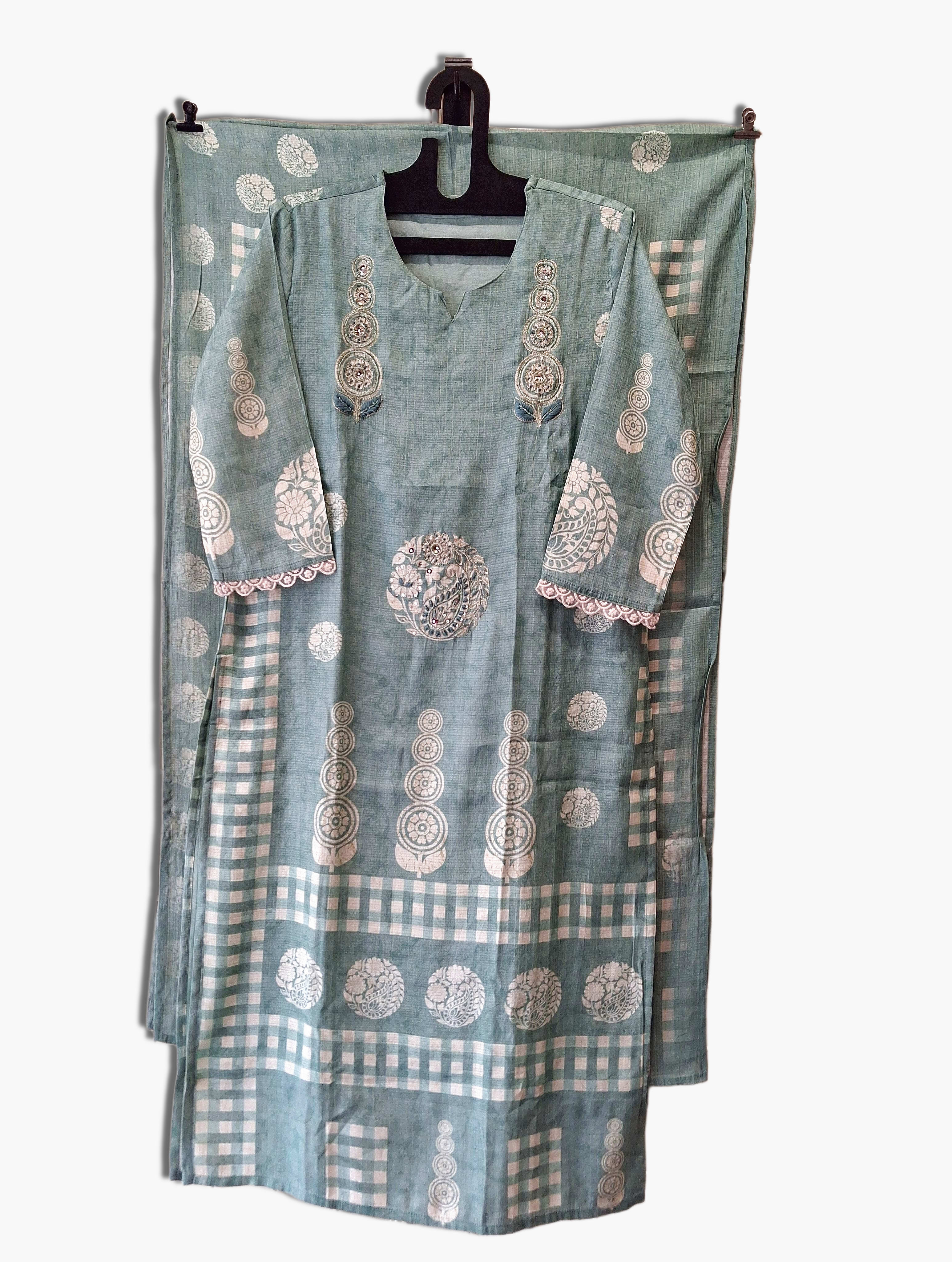 Mint Green Sheer Fabric With Graceful Beads And Thread Embroidery, Size L