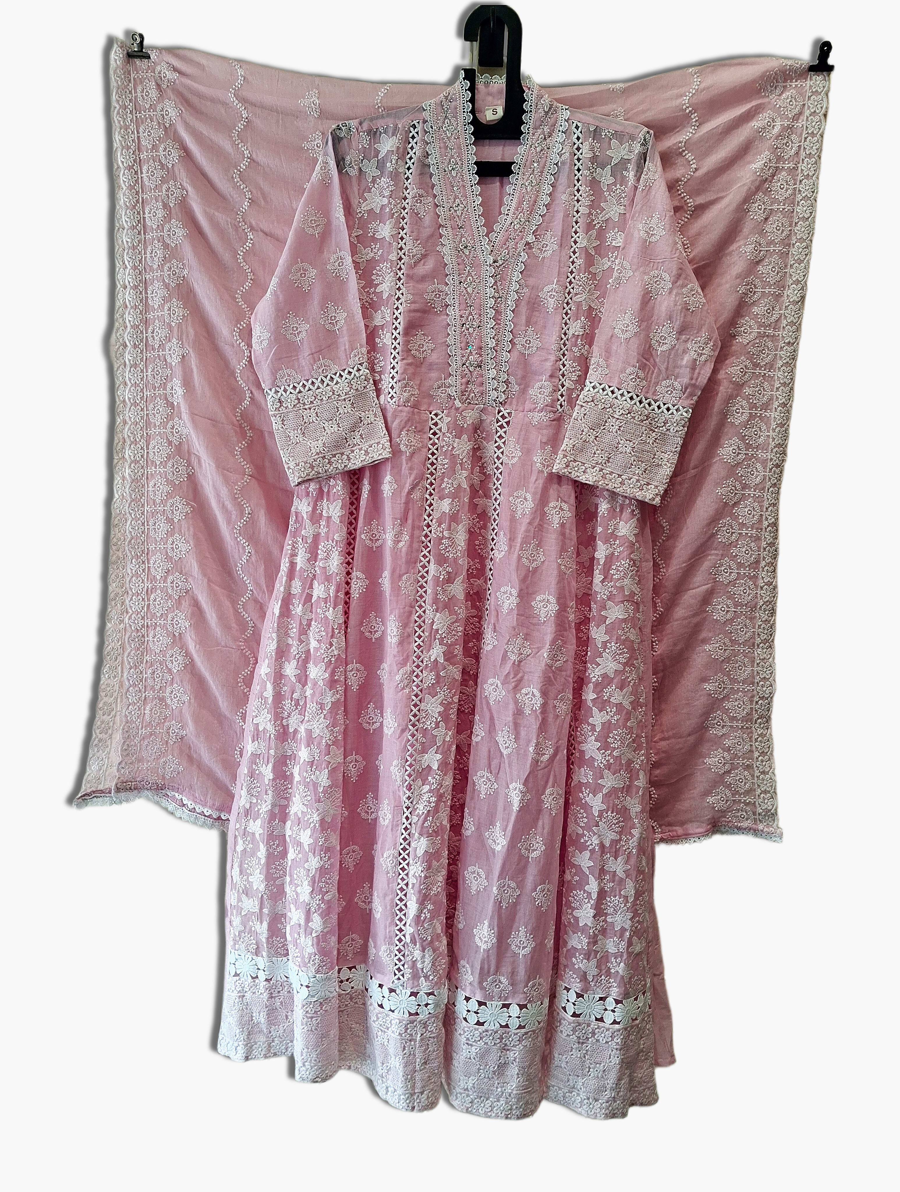 Mul Cotton Anarkali Suit, Thread Work On Top And Dupatta,  Size Small