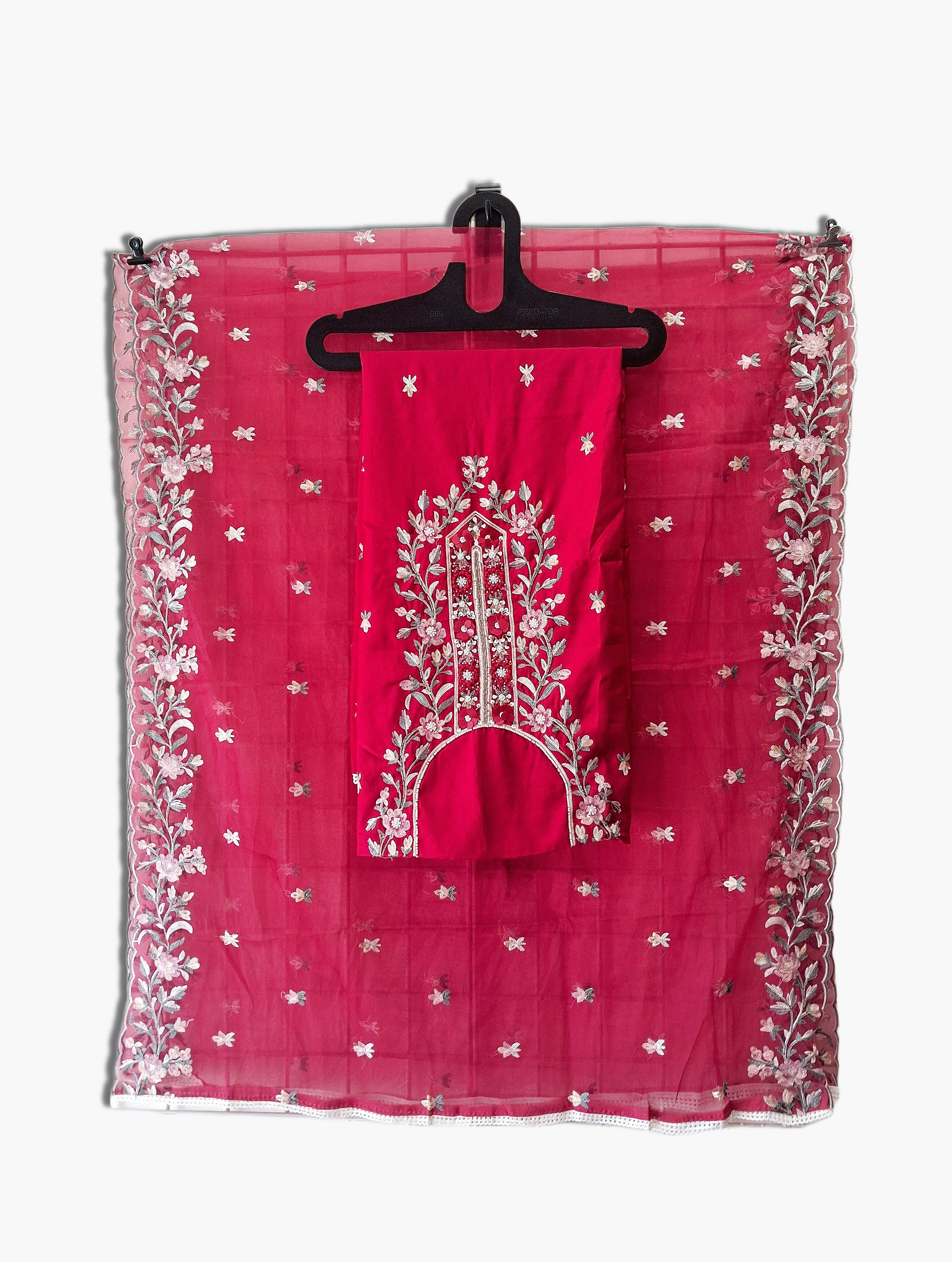 Silk Blend Unstitched Ethnic Wear Collection Elegant Rani Pink Embroidered On Kurta And Dupatta With Plain Bottom
