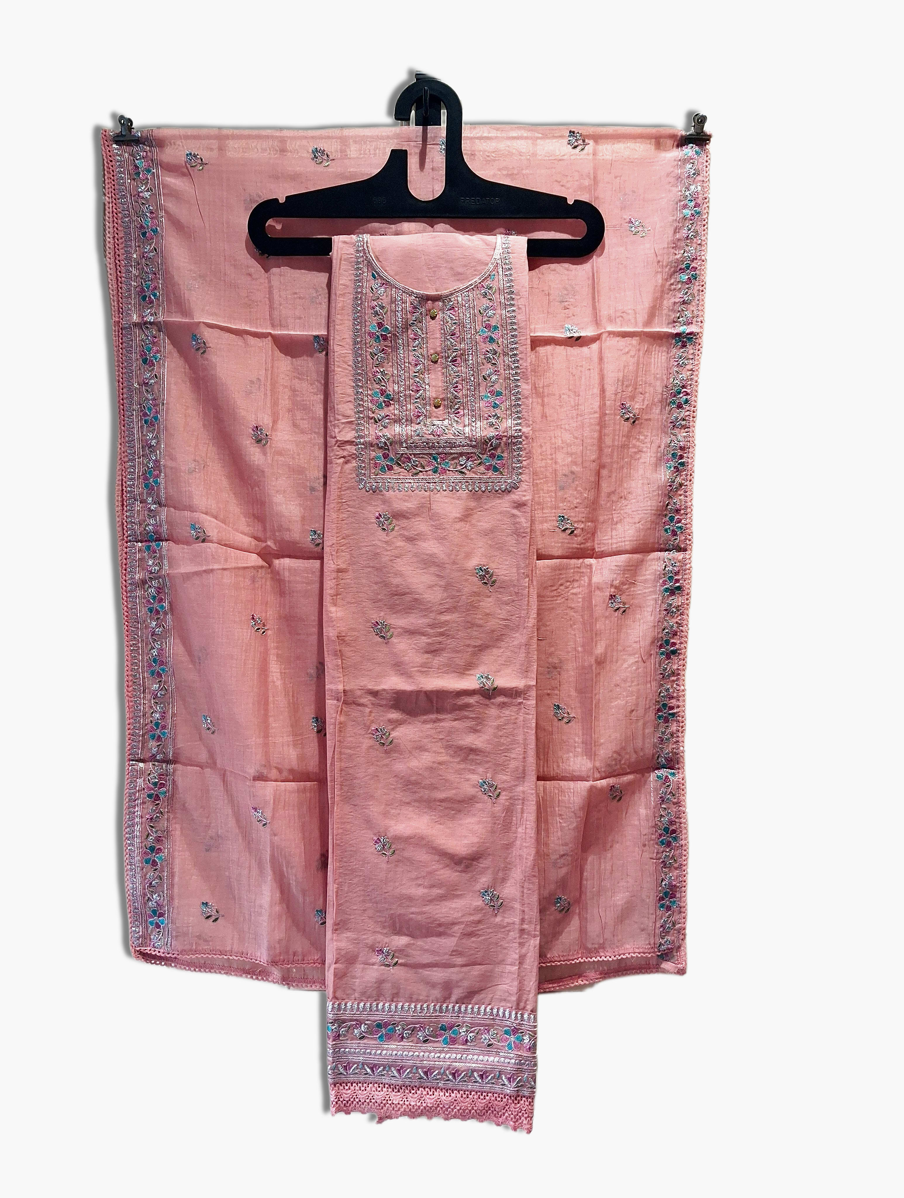 Mul Cotton Suit With Embroidery On Neck, Daman, And Four Side Dupatta