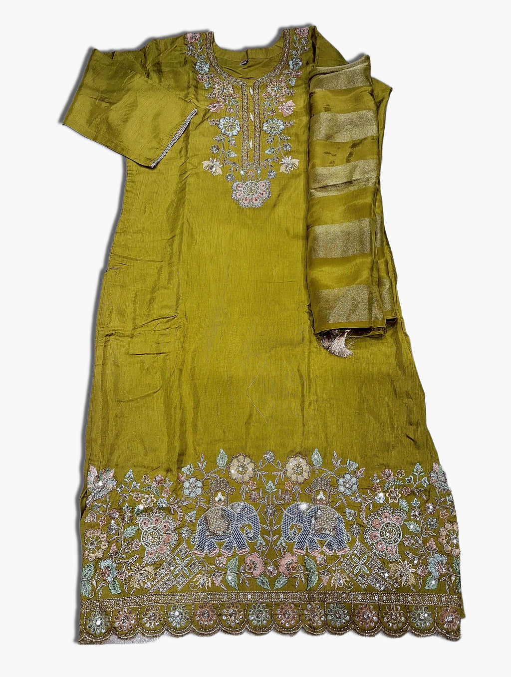 Silk Party Wear Suit, Parrot Green, Size XL