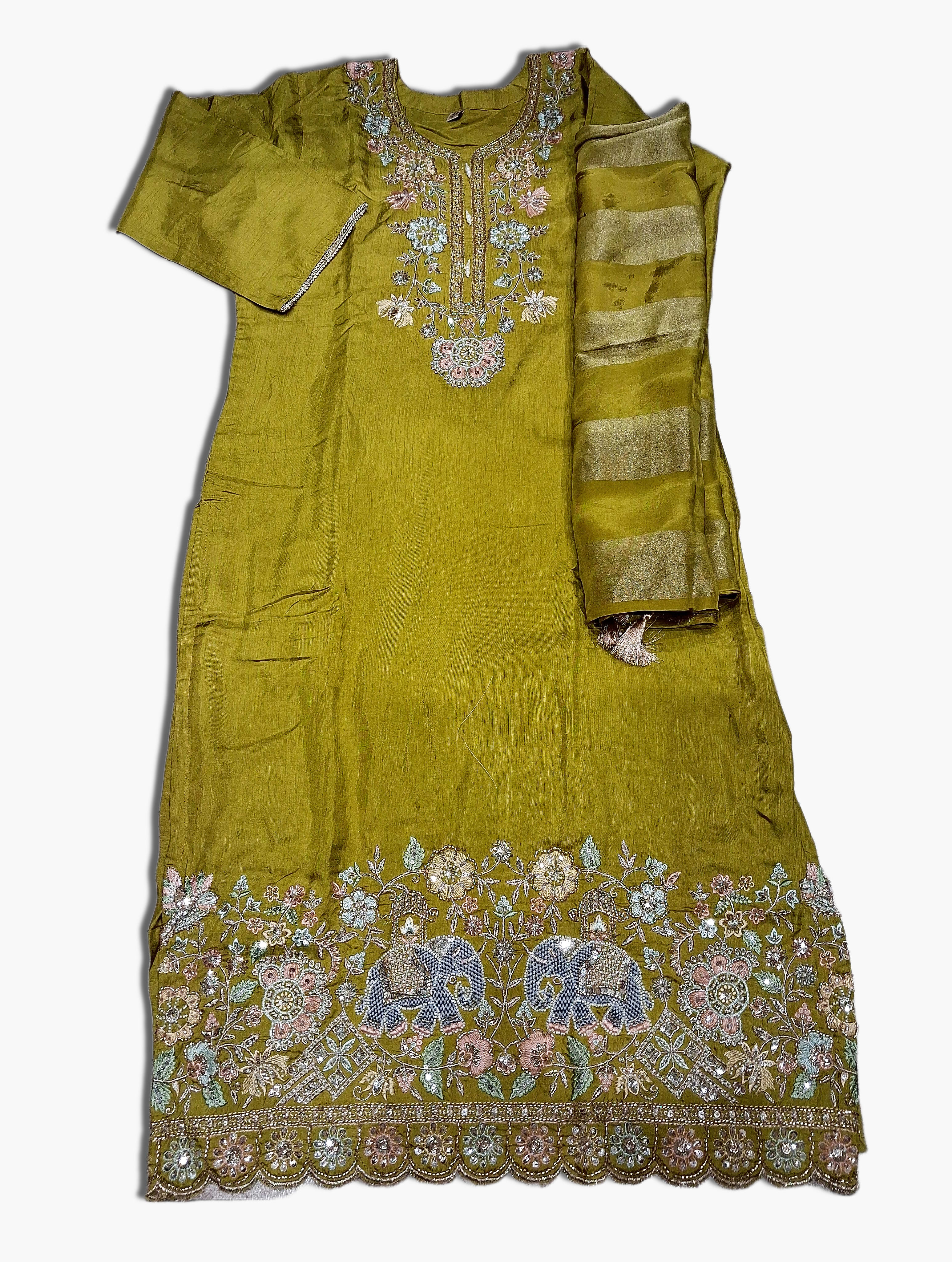 Silk Party Wear Suit, Parrot Green, Size XL