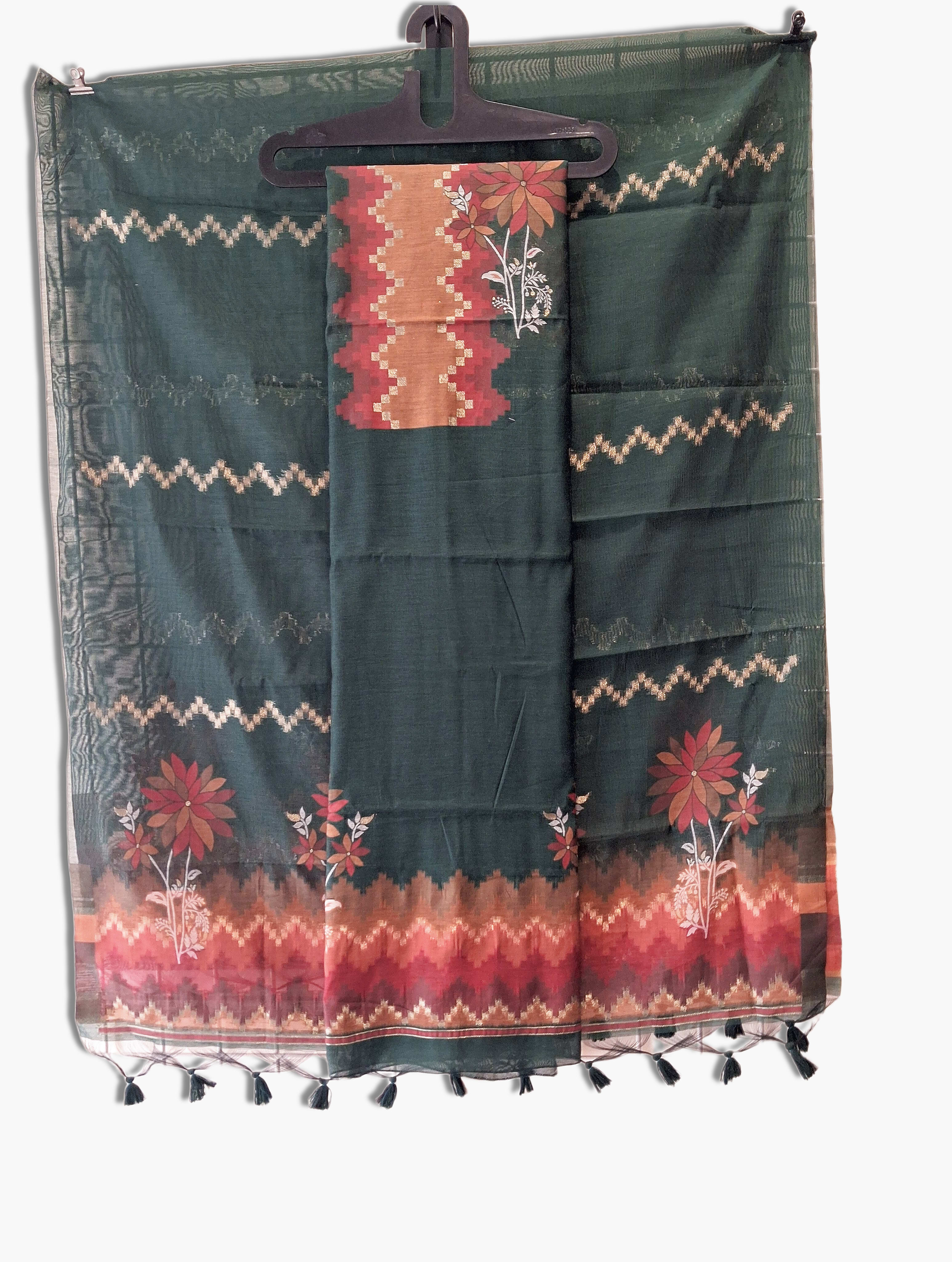 Unstitched Silk Suit, Bottle Green color