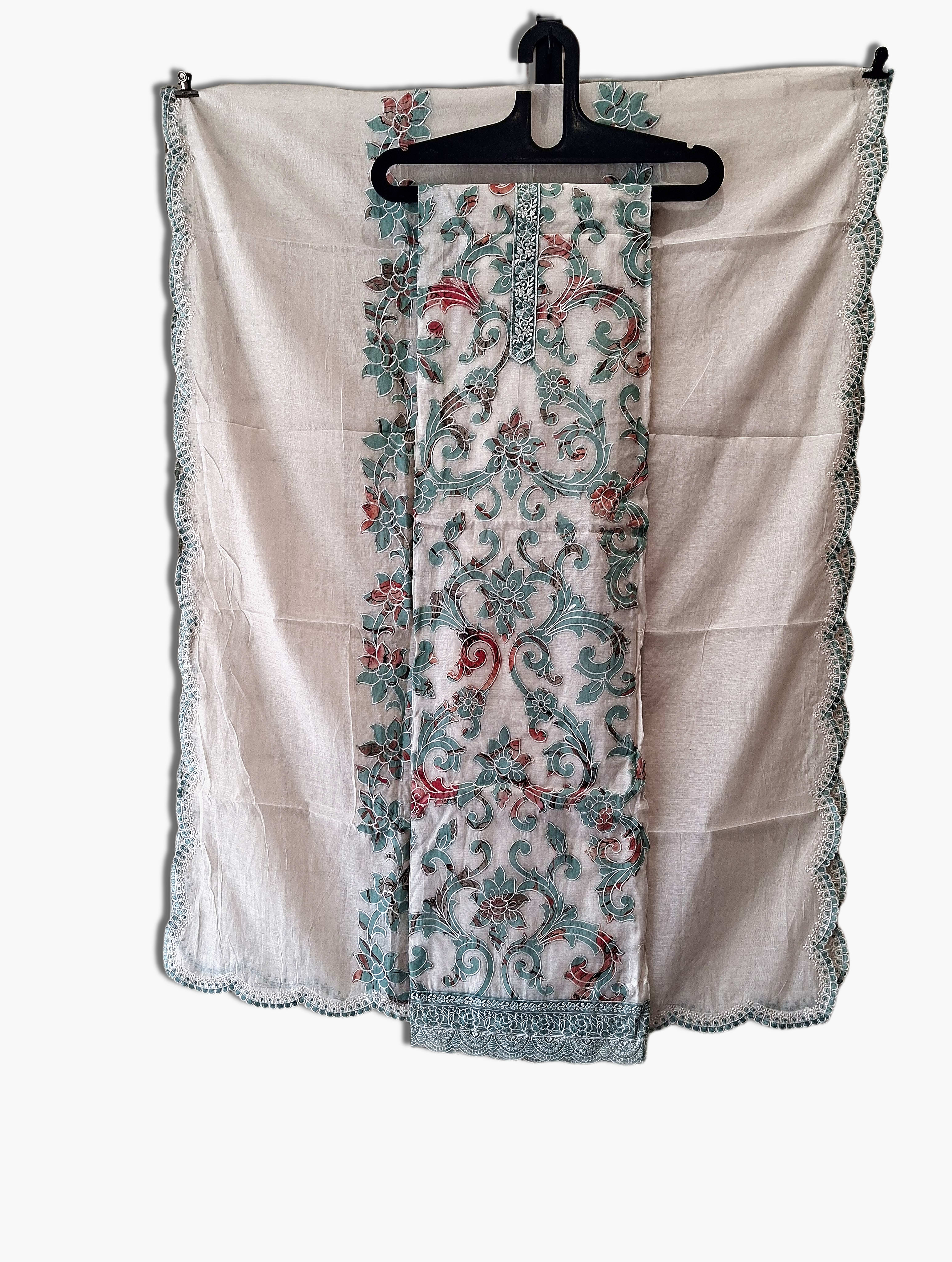 Chanderi Silk Suit, Patchwork Of Aqua Green On Top And Dupatta,  Off-white